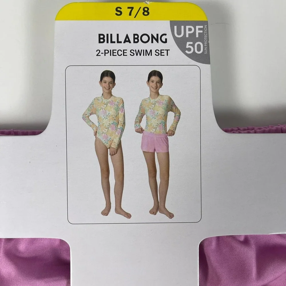 Billabong Kids Girls 2-Piece Swim Set Floral Long Sleeve Rashguard Shorts S 7/8